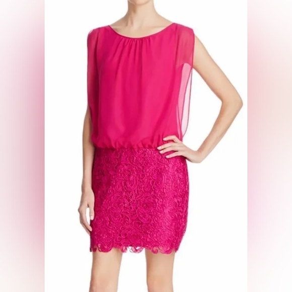 AIDAN MATTOX ~ Fuchsia Chiffon Blouson Crochet Lace Party Dress, size 12 - Picture 4 of 5